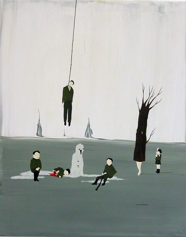 marcel dzama last winter here ice tree surrealist painting hanged man winnipeg